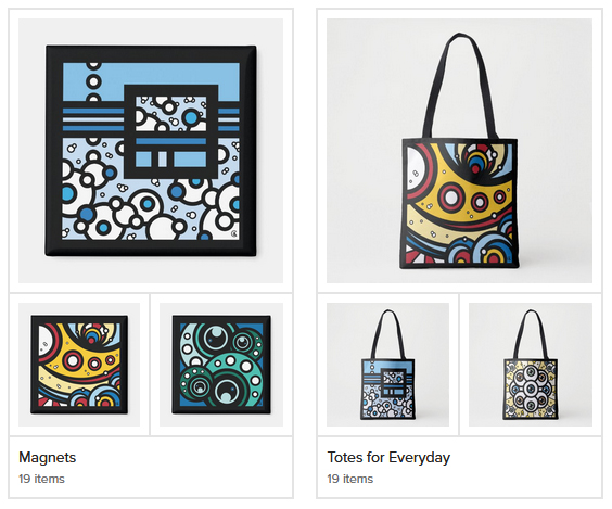 Picture shows my painting images available on square magnets and tote bags. Magnets and tote bags are available at Zazzle.